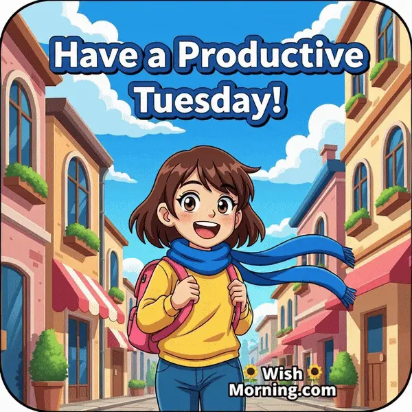 Happy Tuesday animated GIF featuring a cheerful girl walking to office as her scarf waves slightly, symbolizing confidence and motivation.