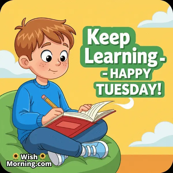 Happy Tuesday animated GIF featuring a boy reading a notebook as one page flips slowly, symbolizing learning and focus.