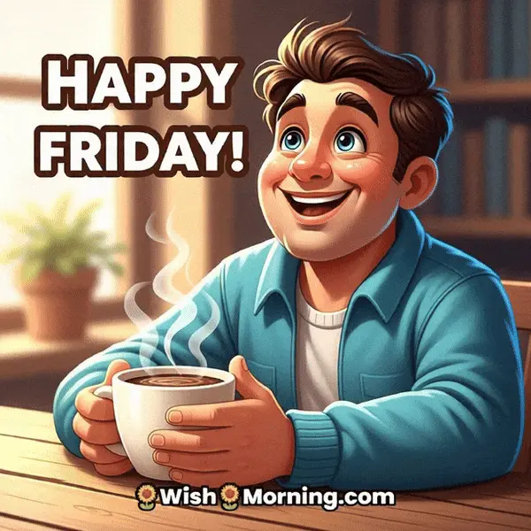 Happy Friday animated GIF featuring a warm cup of coffee with rising steam, symbolizing relaxation and weekend joy.