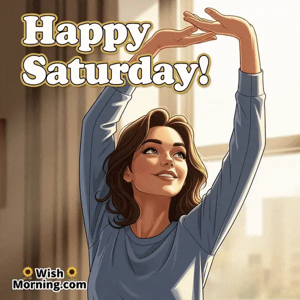 Happy Saturday animated GIF featuring a smiling woman stretching her arms by the window, eyes open, arms moving gently to greet the morning.