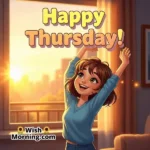 Happy Thursday animated GIF featuring a smiling girl stretching her arms in morning light, symbolizing fresh energy.