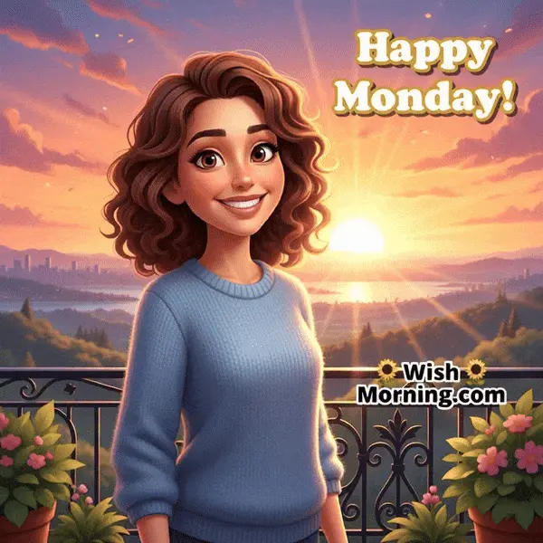Happy Monday animated GIF featuring a smiling woman loise hair strands animate as head move softly, symbolizing new beginnings.