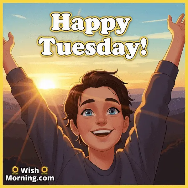 Happy Tuesday animated GIF featuring a smiling person stretching arms near sunrise as sunlight rays move softly, symbolizing energy and positivity.