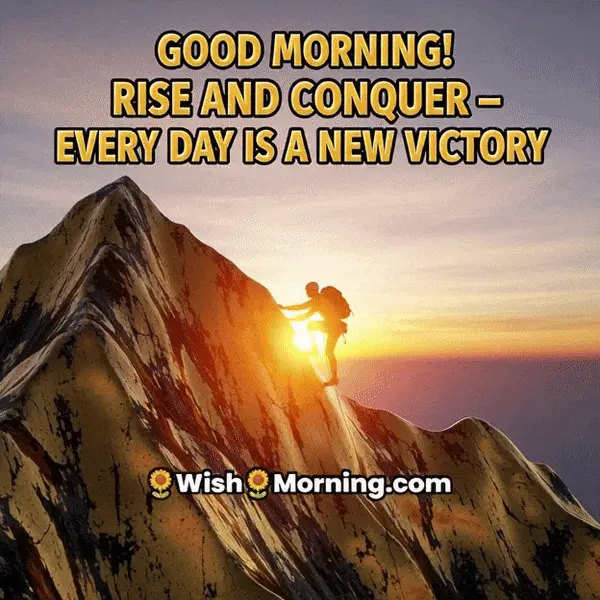Animated Good Morning Rise and Conquer GIF showing a climber moving up a golden mountain as sunrise light spreads across the sky, symbolizing victory, courage, and determination.