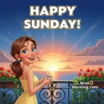 Happy Sunday animated GIF featuring a smiling woman watching the sunrise as sun rays move softly, symbolizing calm and positivity.