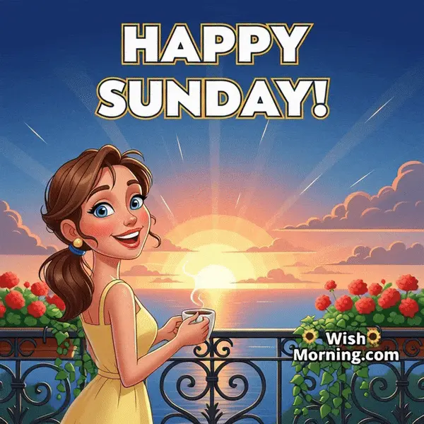 Happy Sunday animated GIF featuring a smiling woman watching the sunrise as sun rays move softly, symbolizing calm and positivity.