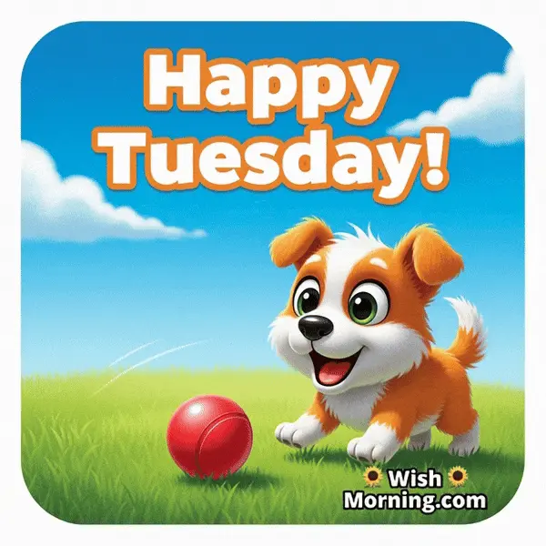 Happy Tuesday animated GIF featuring a playful dog on green grass as the ball bounces gently, symbolizing happiness and joy.