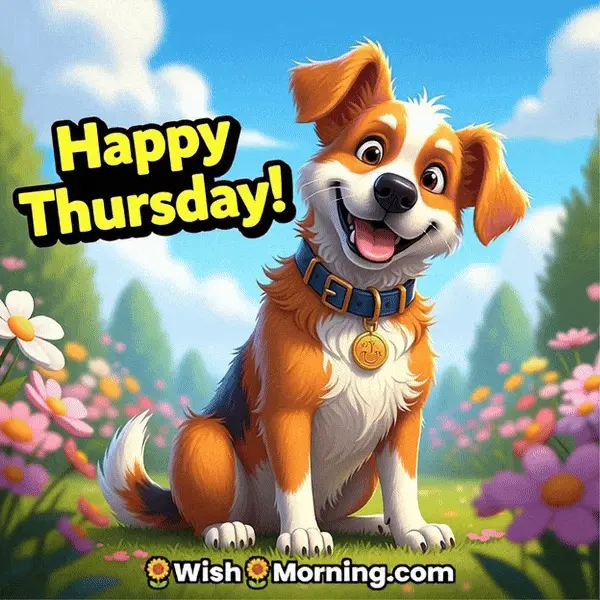 Happy Thursday animated GIF featuring a cute dog tilting its head side to side, symbolizing playfulness and joy.