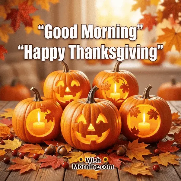 Animated Good Morning Happy Thanksgiving GIF showing glowing pumpkin candles with flickering light, symbolizing warmth, charm, and festive joy.