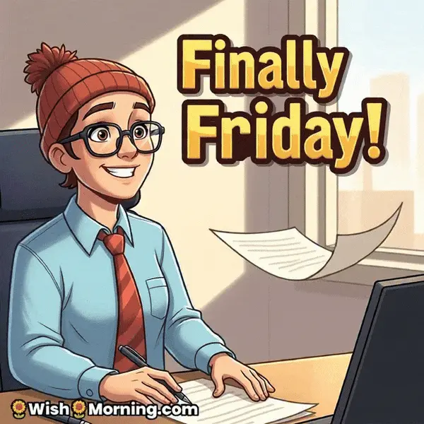 Happy Friday animated GIF featuring a calm office desk scene with papers moving, symbolizing relief and end-of-week calm.