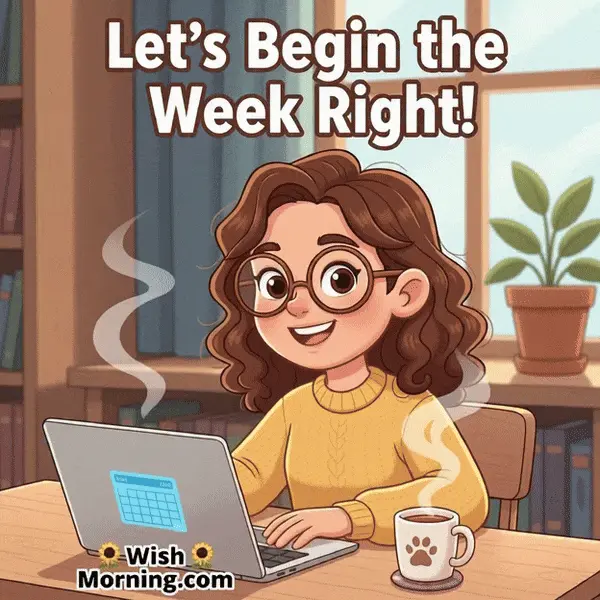 Happy Monday animated GIF featuring a person at desk with laptop while coffee steam moves slightly, symbolizing productivity and calm.