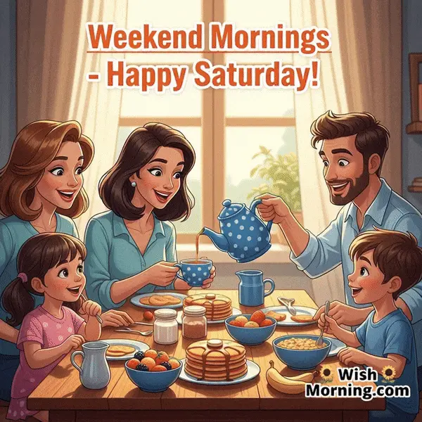 Happy Saturday animated GIF featuring a smiling family at breakfast table, eyes open, teapot pouring smoothly, symbolizing togetherness.
