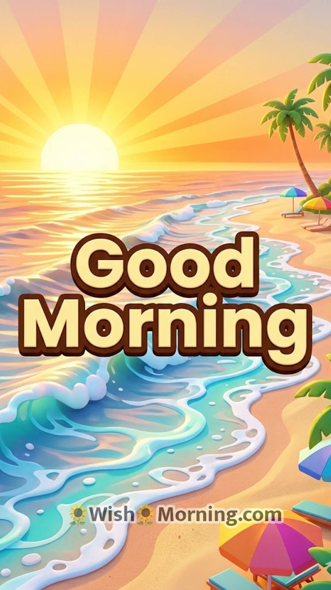Good Morning mobile-friendly wallpaper featuring a cheerful 3D sunrise over gentle ocean waves.