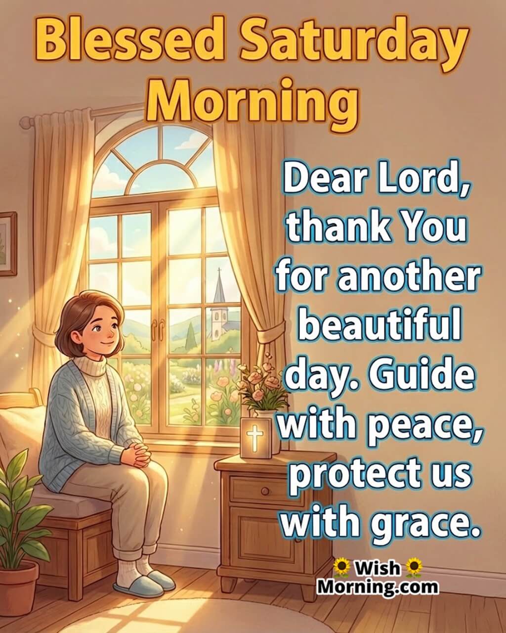 Blessed Saturday morning image featuring a peaceful prayer moment by a window, symbolizing gratitude, faith, and divine guidance.