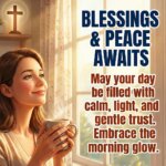 Blessed Tuesday Morning Spiritual Wish Image featuring a peaceful woman near a sunlit window symbolizing calmness, faith, and divine presence.