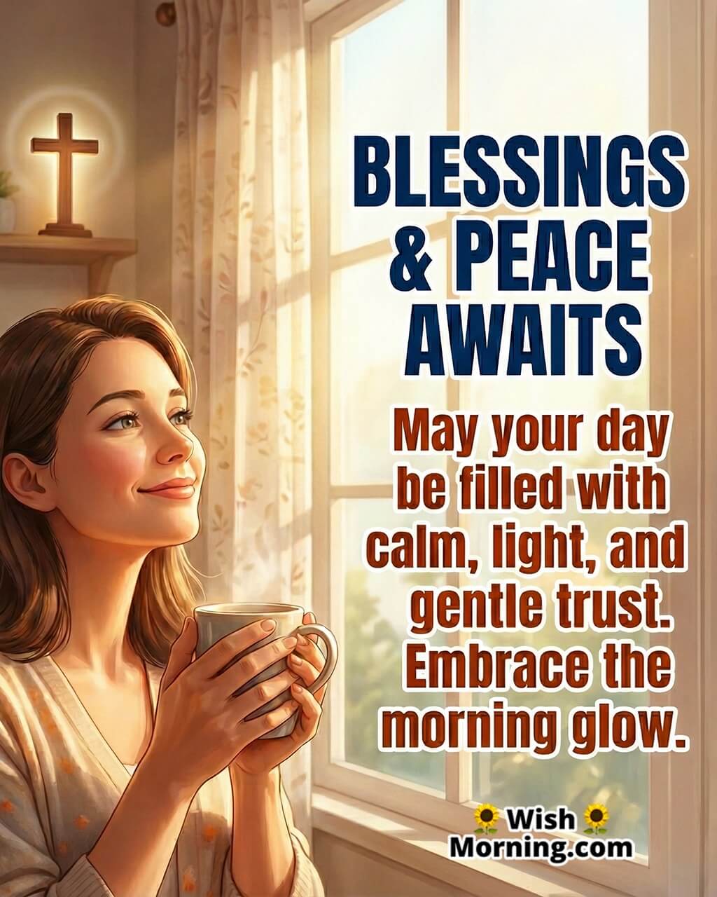 Blessed Tuesday Morning Spiritual Wish Image featuring a peaceful woman near a sunlit window symbolizing calmness, faith, and divine presence.