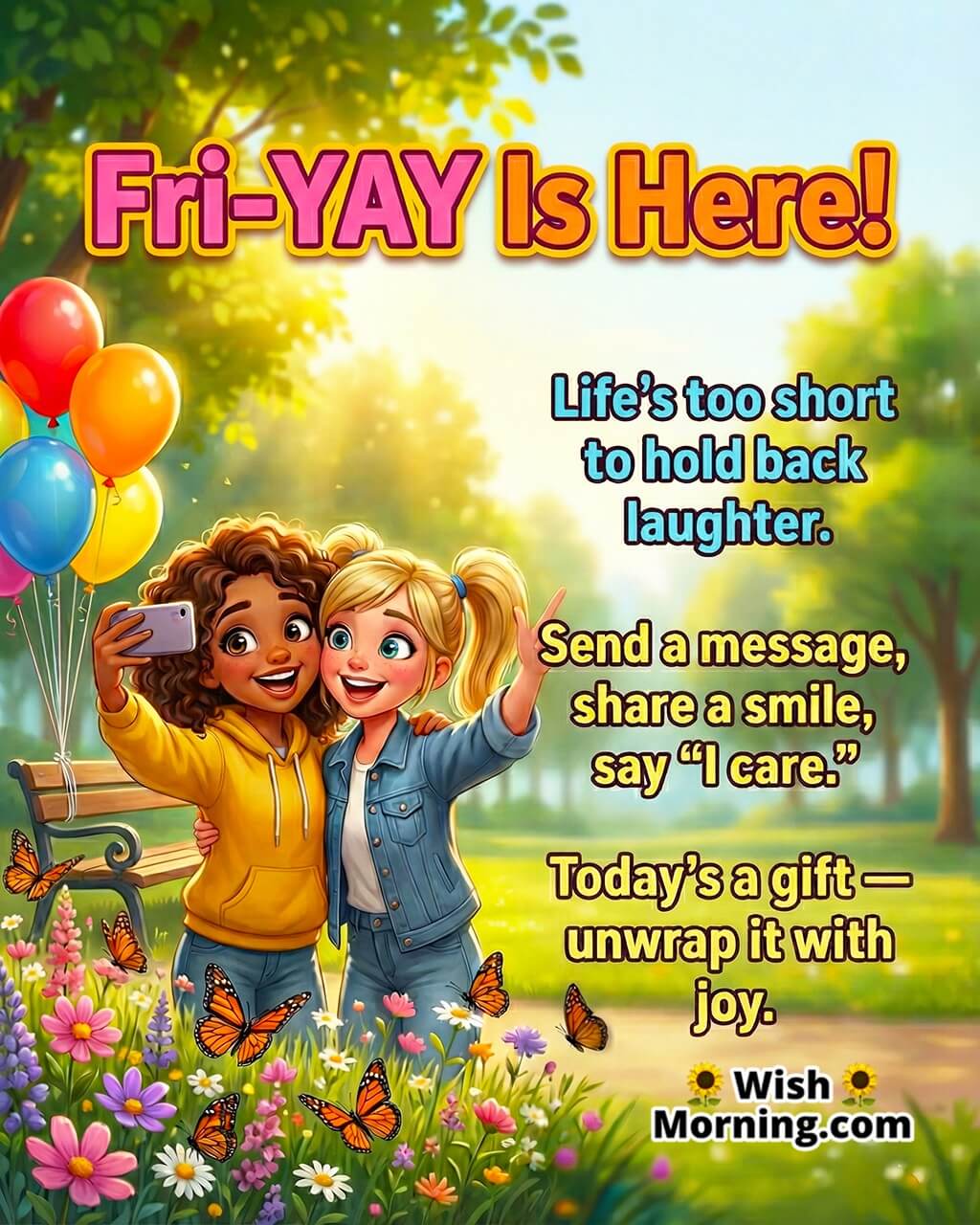 Fri-YAY Is Here Cheerful Friendly Friday Wish image featuring two happy friends taking a selfie in a bright park, symbolizing fun, joy, and friendship.