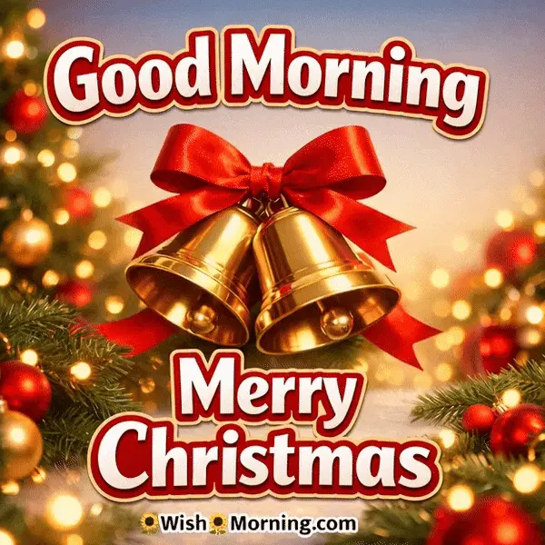 Animated Good Morning Merry Christmas GIF showing gently ringing Christmas bells with warm light, symbolizing celebration and joyful news.