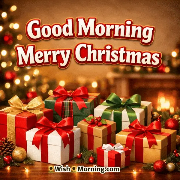 Animated Good Morning Merry Christmas GIF showing sparkling gift boxes with festive glow, symbolizing surprises and holiday happiness.