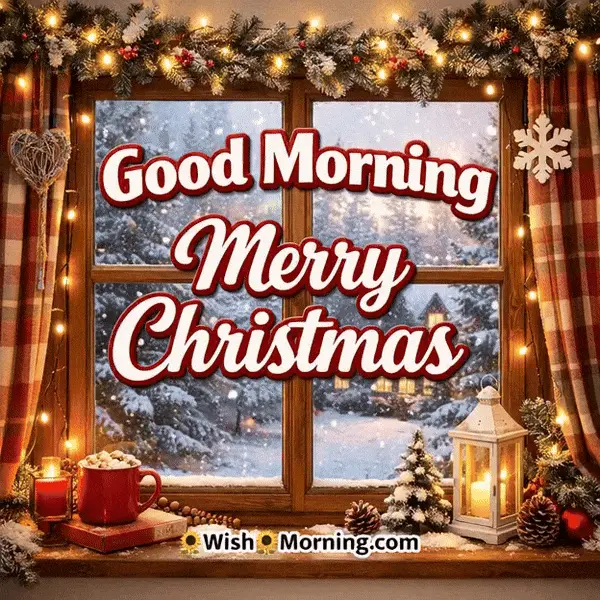 Animated Good Morning Merry Christmas GIF showing snow falling outside a warm window with soft lights, symbolizing peace and cozy festive mornings.