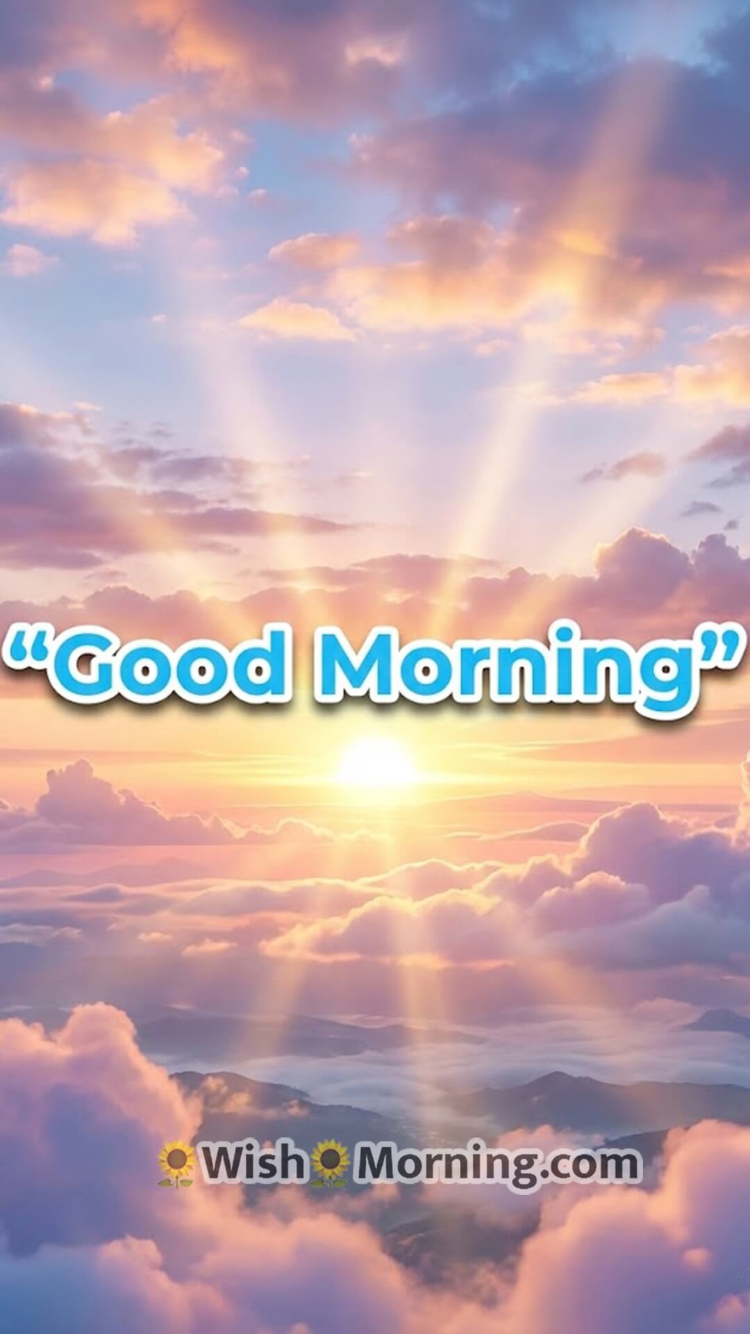 Good Morning sunrise mobile wallpaper showing bright 3D sunlight breaking through soft cloud layers.