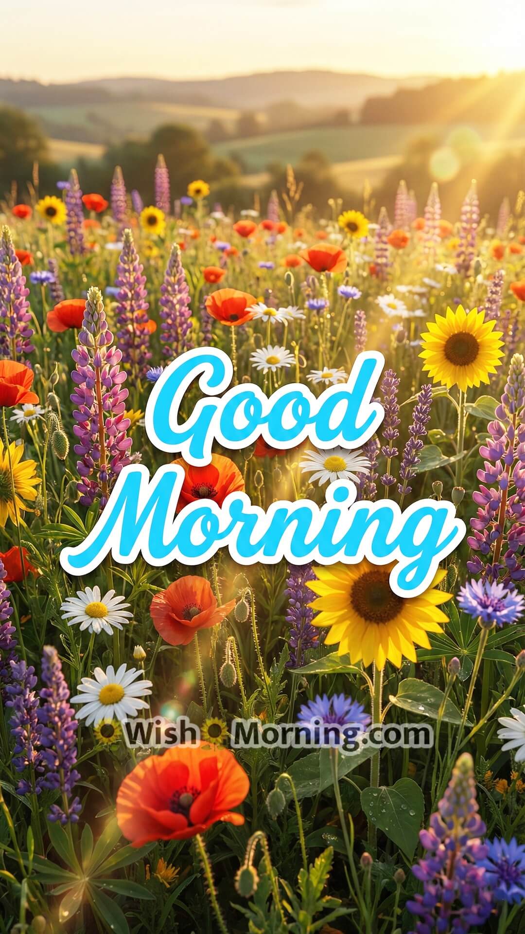 Good Morning flower wallpaper with vibrant 3D wildflowers glowing under warm sunrise.