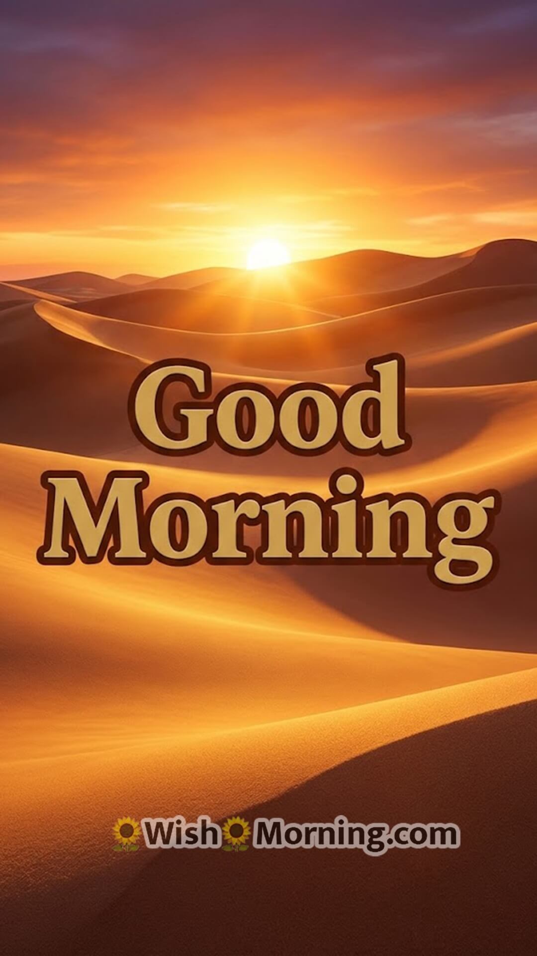 Good Morning sunrise wallpaper featuring a colourful 3D sun rising over sand dunes.