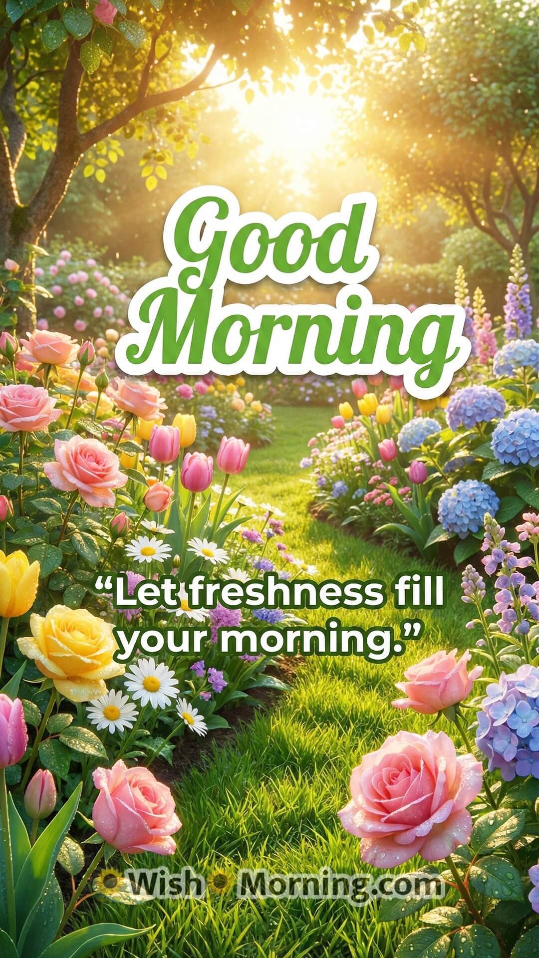 Good Morning flower garden wallpaper with a refreshing morning quote in bright colours.