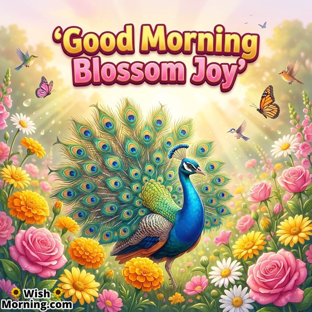 Good Morning Blossom featuring a peacock surrounded by colourful flowers in bright morning glow, symbolizing joy and natural charm.