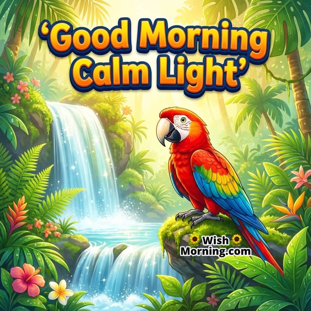 Good Morning Calm Flow featuring a colourful parrot near a soft-flowing waterfall in warm nature light, symbolizing peace and natural serenity.