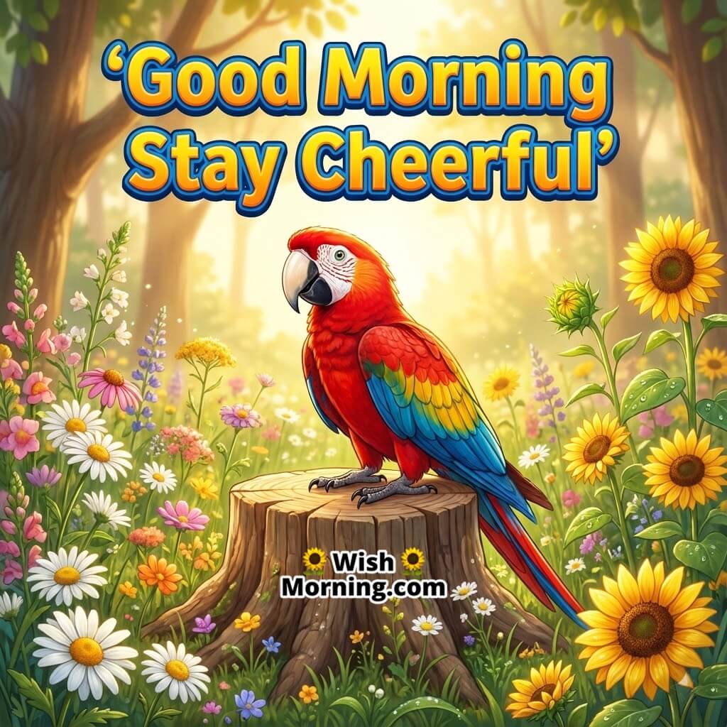 Good Morning Cheerful featuring a bright parrot standing on a wooden stump with flowers and sunrise light, symbolizing joy and new energy.