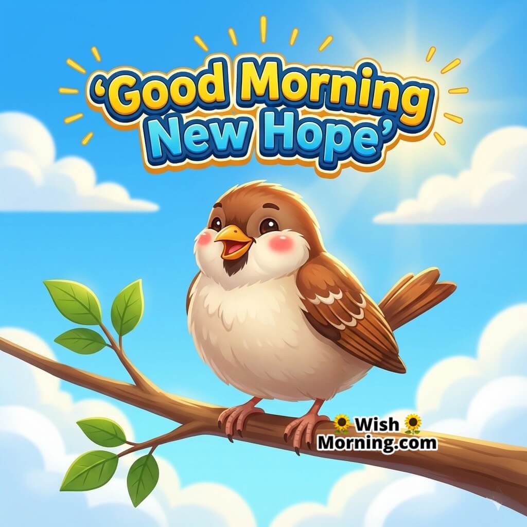 Good Morning Clear Sky featuring a sparrow sitting on a clean branch under a bright blue sky, symbolizing clarity and new beginnings.