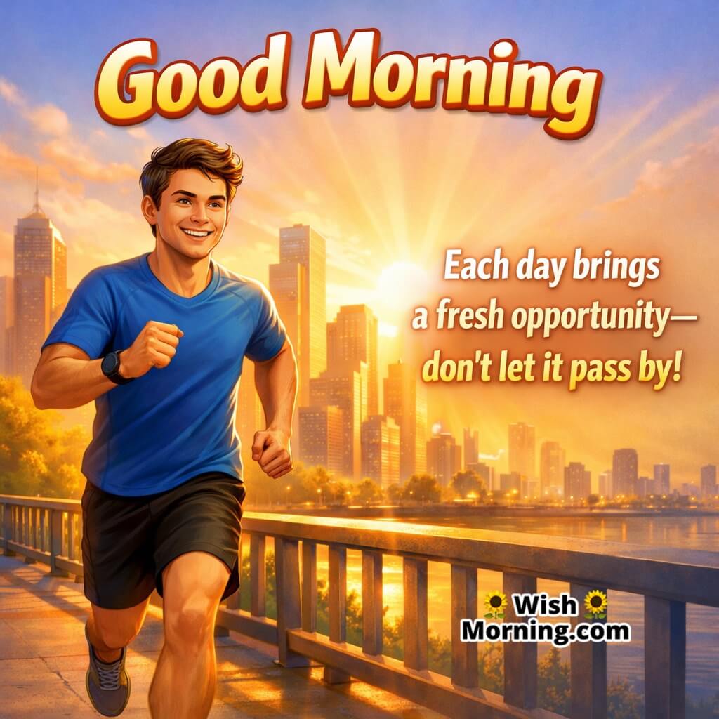 Good Morning image of man jogging at sunrise, symbolizing energy and seizing daily opportunities.