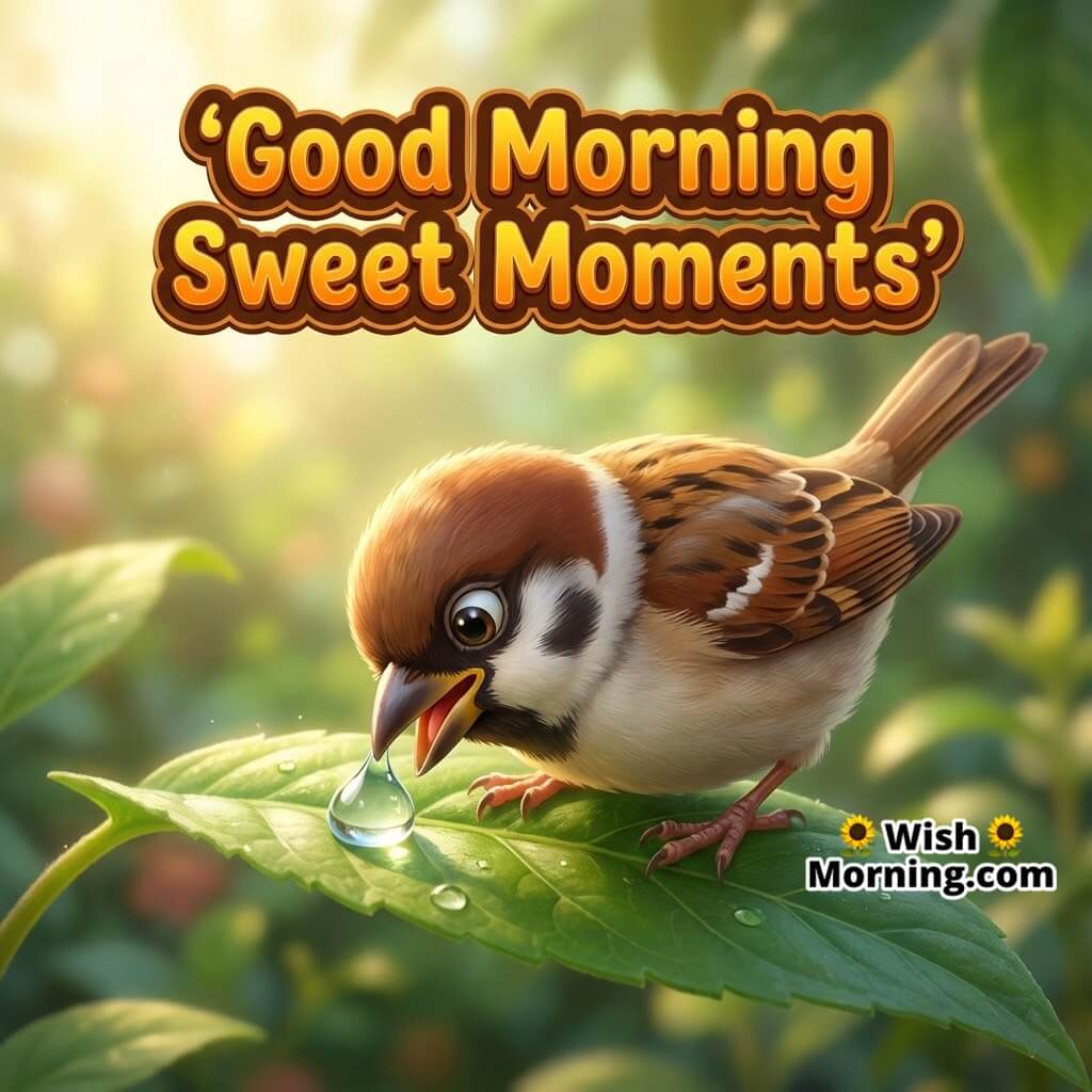 Good Morning Dew Drop featuring a sparrow sipping dew from a leaf in golden sunlight, symbolizing purity and sweet moments.
