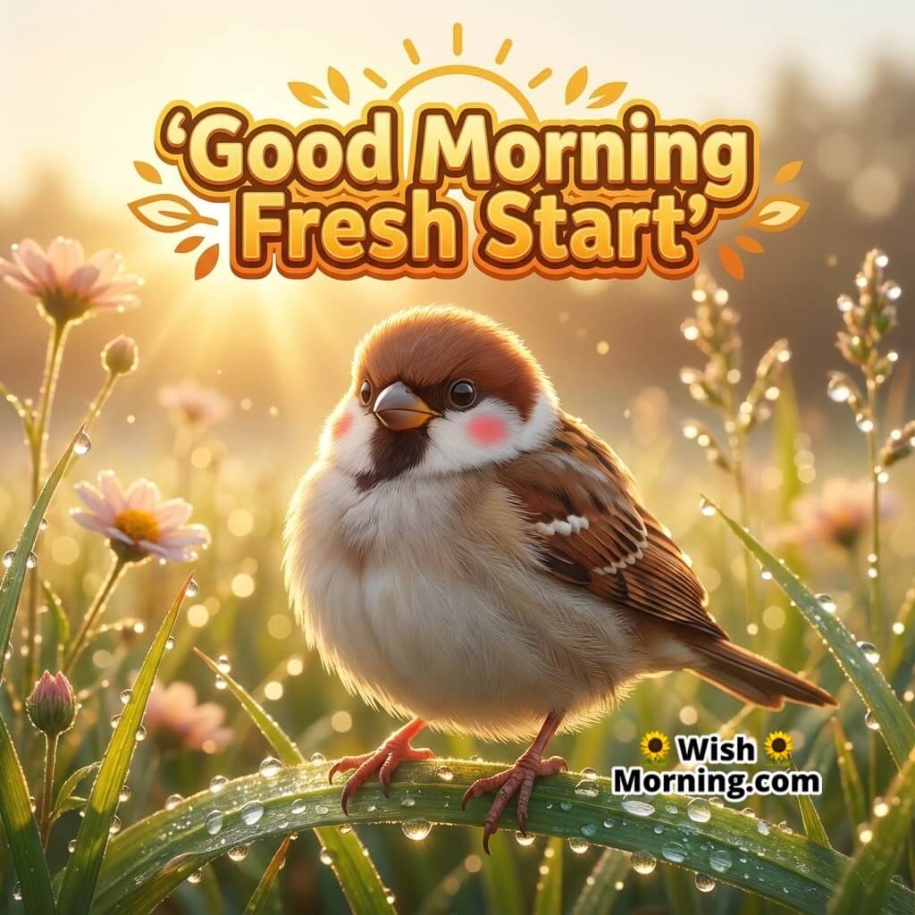 Good Morning Dewy Garden featuring a sparrow perched on dew-covered grass with early sunlight, symbolizing freshness and renewal.
