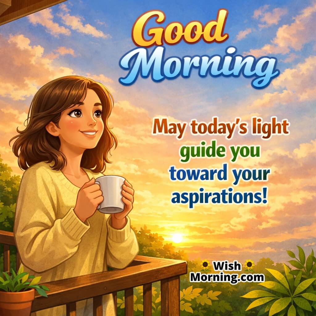 Good Morning image of woman on sunrise balcony with hopeful eyes, symbolizing dream pursuit and new beginnings.