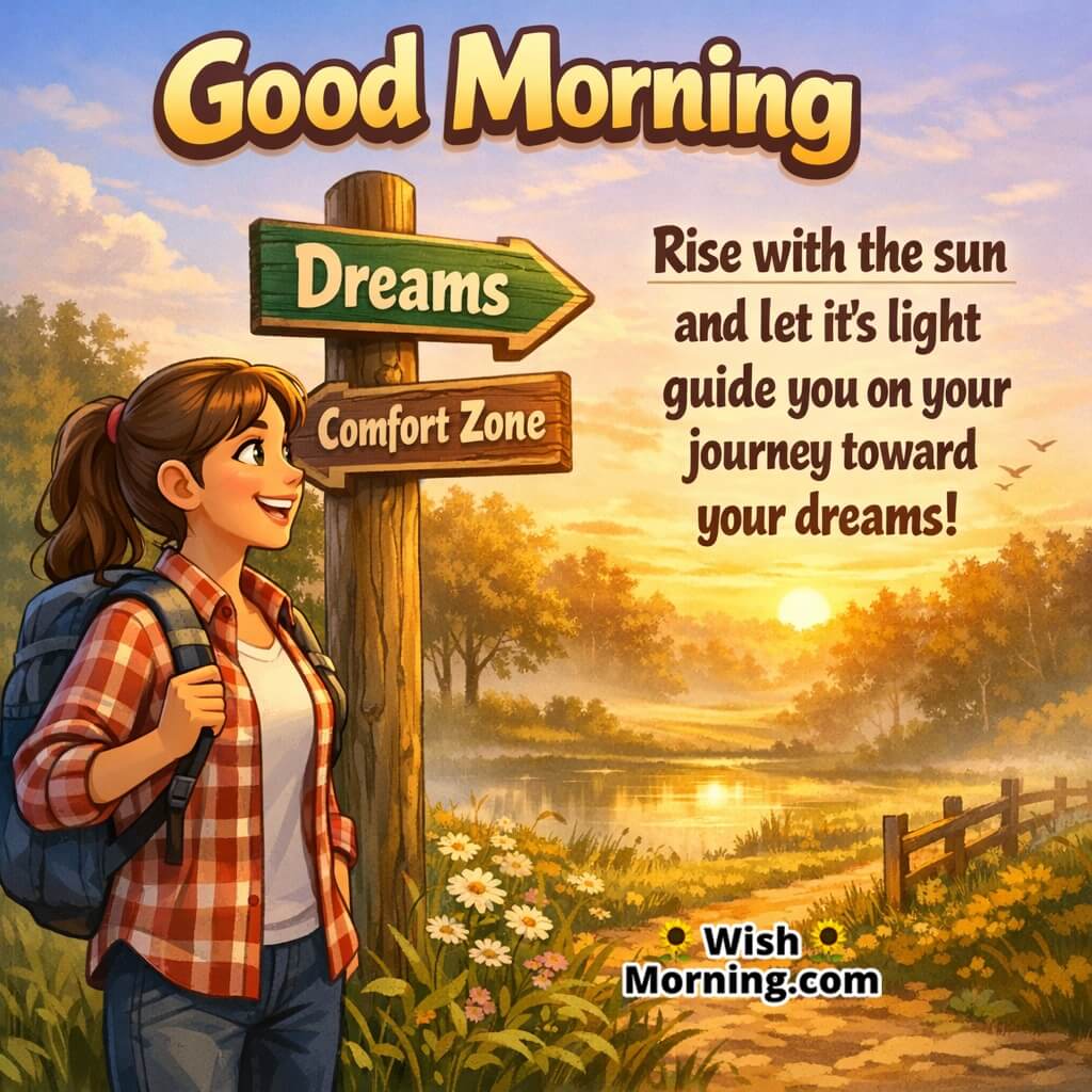 Good Morning image of woman at sunrise crossroads choosing dreams, symbolizing purpose and courage.