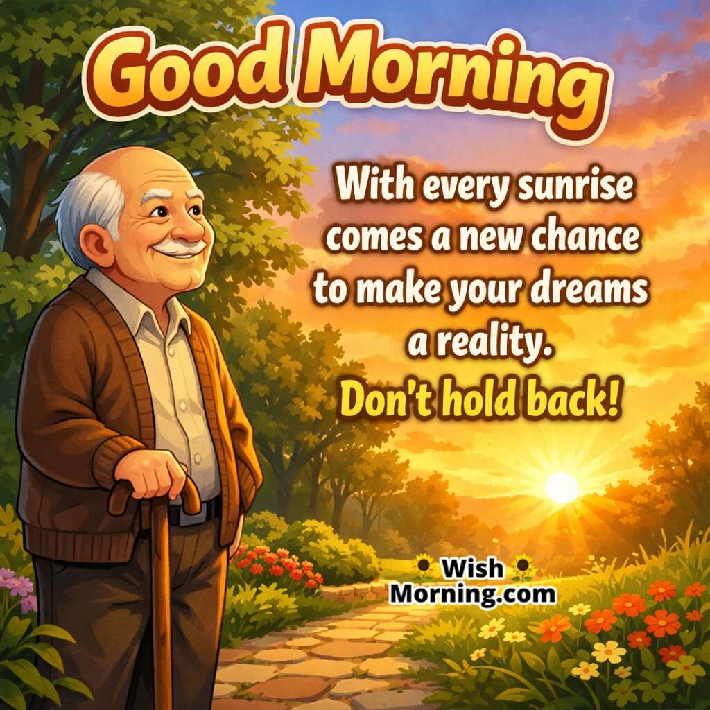 Good Morning image of senior man enjoying morning sunrise, symbolizing new chances and wisdom-led dreams.