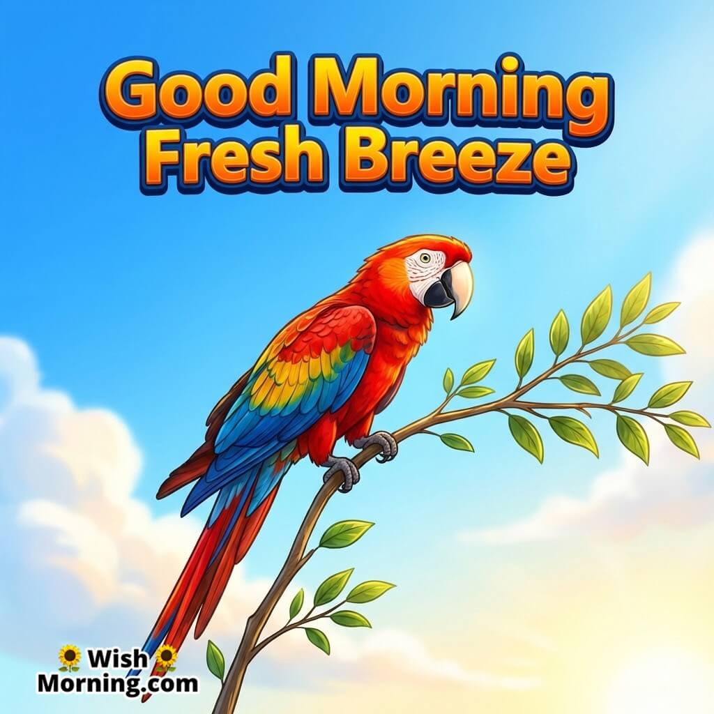 Good Morning Fresh Breeze featuring a parrot perched on a branch against a bright blue morning sky, symbolizing clarity and freshness.