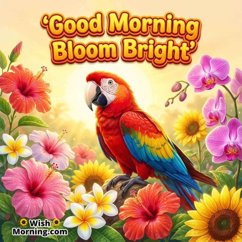 Good Morning Garden Bloom featuring a parrot surrounded by colourful morning flowers in warm glow, symbolizing beauty and fresh joy.