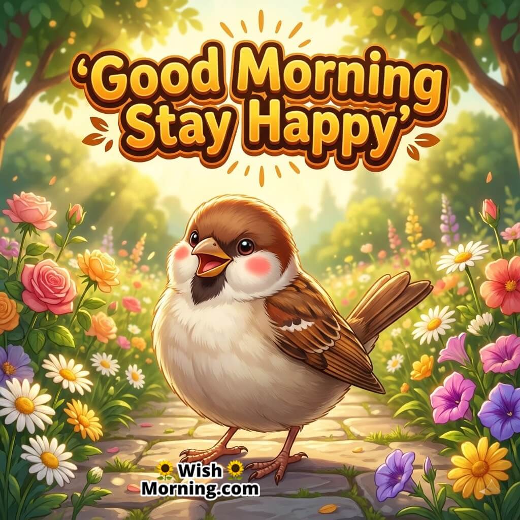 Good Morning Garden Path featuring a sparrow standing near a sunlit garden pathway with flowers, symbolizing positivity and simple joy.