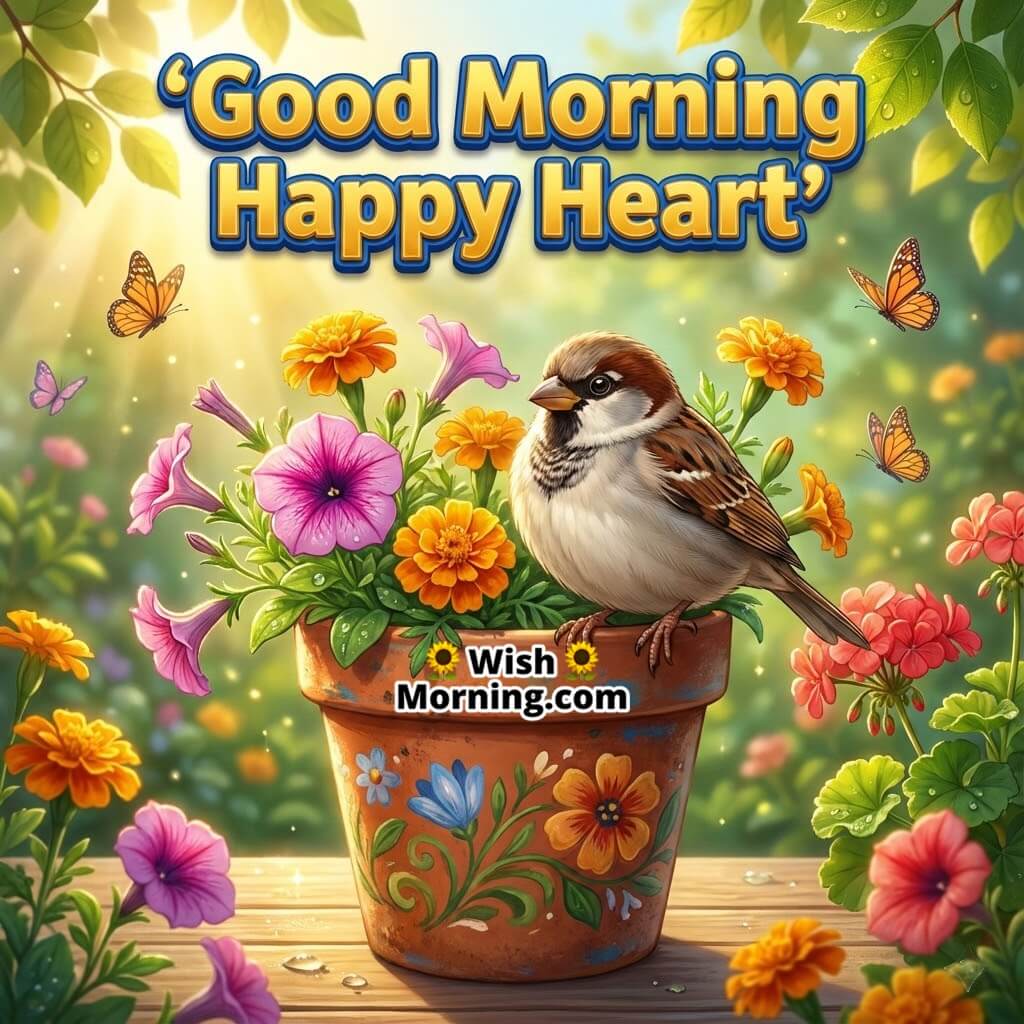 Good Morning Garden Pot featuring a sparrow sitting on a colourful flower pot in morning glow, symbolizing warmth and happiness.