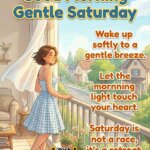 Good morning gentle Saturday image featuring a calm person near a breezy window, symbolizing softness, slow living, and peaceful weekend moments.
