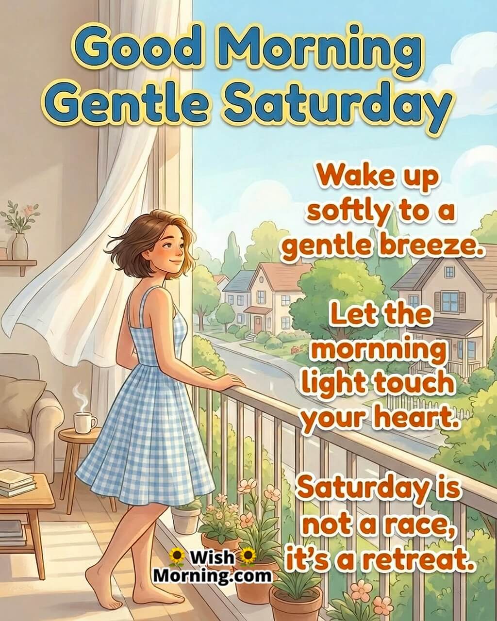 Good morning gentle Saturday image featuring a calm person near a breezy window, symbolizing softness, slow living, and peaceful weekend moments.