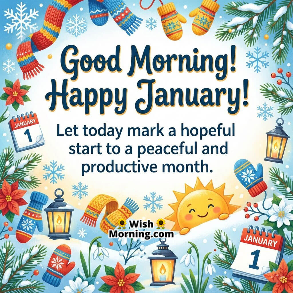 Good Morning Happy January Greetings showing winter decorations lanterns calendar and smiling sun reflecting hope peace and a productive start to the month.
