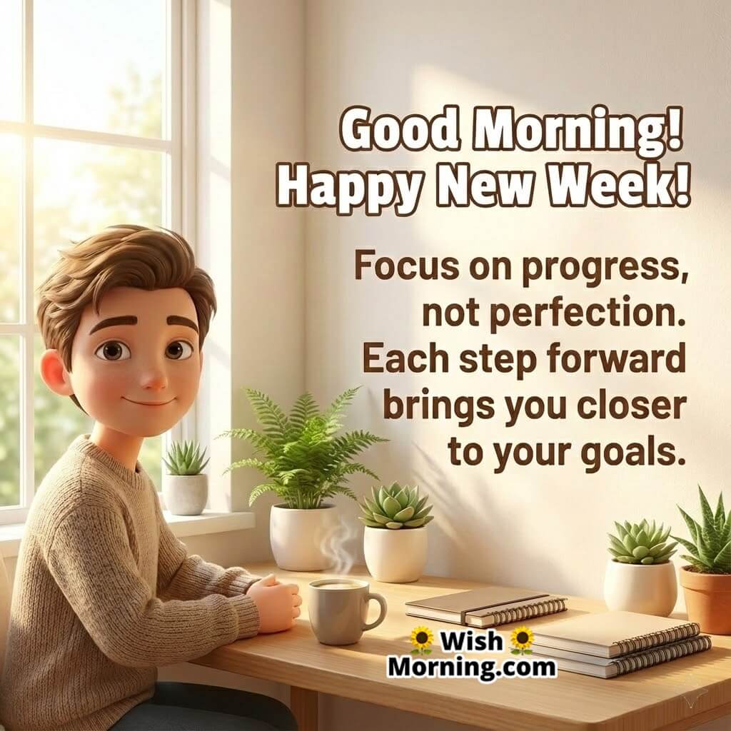 Good morning happy new week progress mindset image featuring a cozy workspace and a calm figure, symbolizing growth, focus, and forward movement.