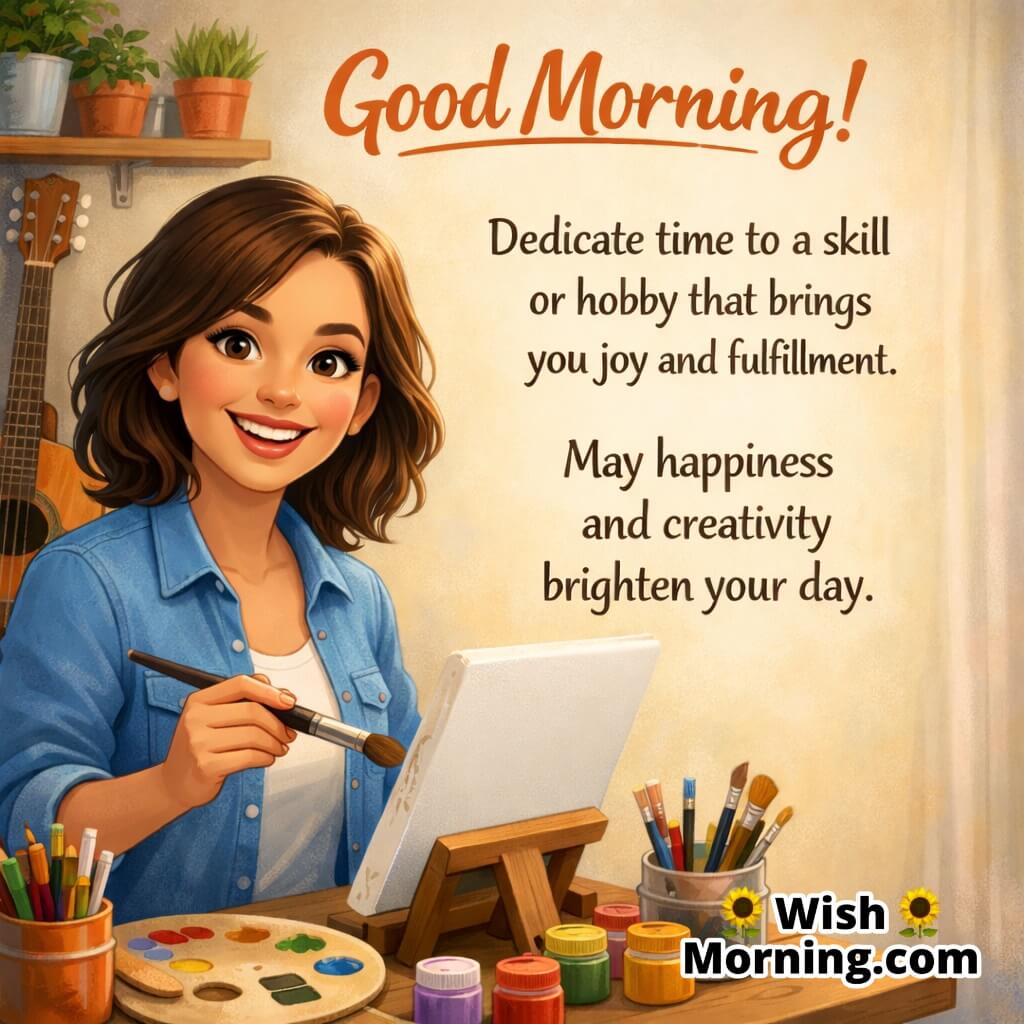 Good Morning image featuring a woman enjoying her hobby, symbolizing joyful living and creativity.