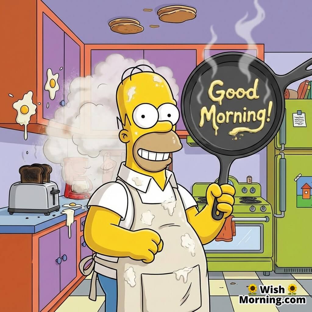 Good Morning Homer Cooking Chaos with Homer Simpson in a square cartoon kitchen filled with burnt toast, flying eggs, and flour clouds as he proudly holds a mystery dish in the middle of the chaos.