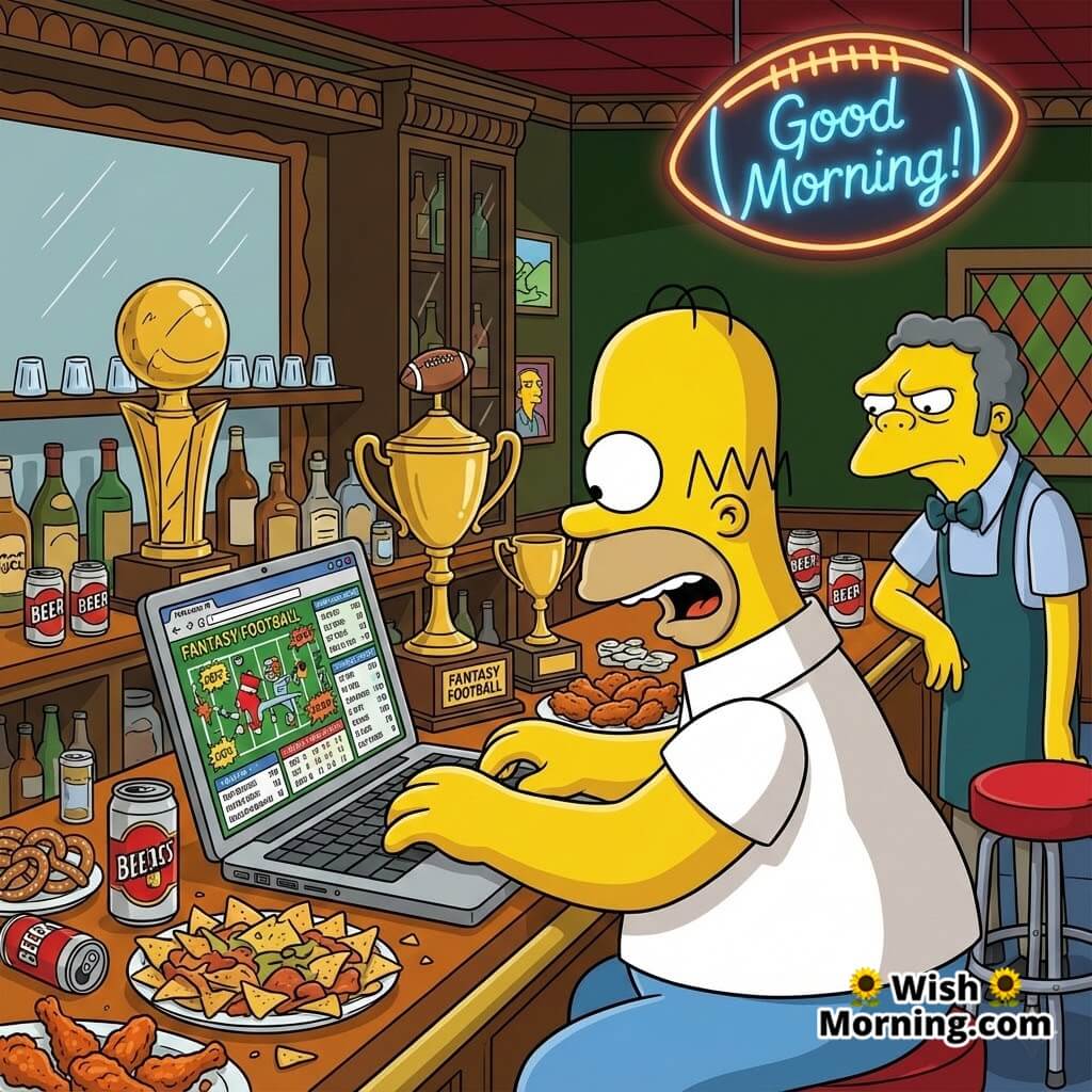 Good Morning Homer Football Mayhem with Homer frantically typing on a laptop surrounded by snacks, trophies, and glowing stats inside Moe’s Tavern in a humorous cartoon bar setting.