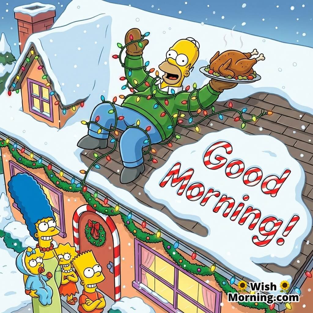 Good Morning Homer Holiday Mishap showing Homer tangled in blinking Christmas lights sliding off the roof with a turkey platter while the decorated house glows in a snowy morning cartoon view.